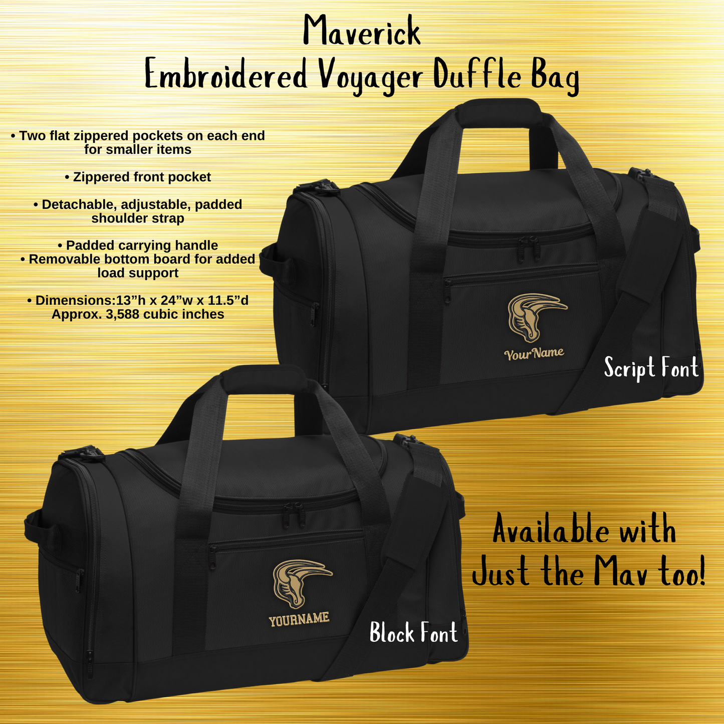 Mavs- Maverick Voyager Duffle Bag with Embroidery Design, Personalize with your Name!