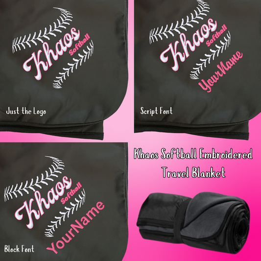 Khaos- Khaos Softball Embroidered Black Travel Blanket, Personalization Options