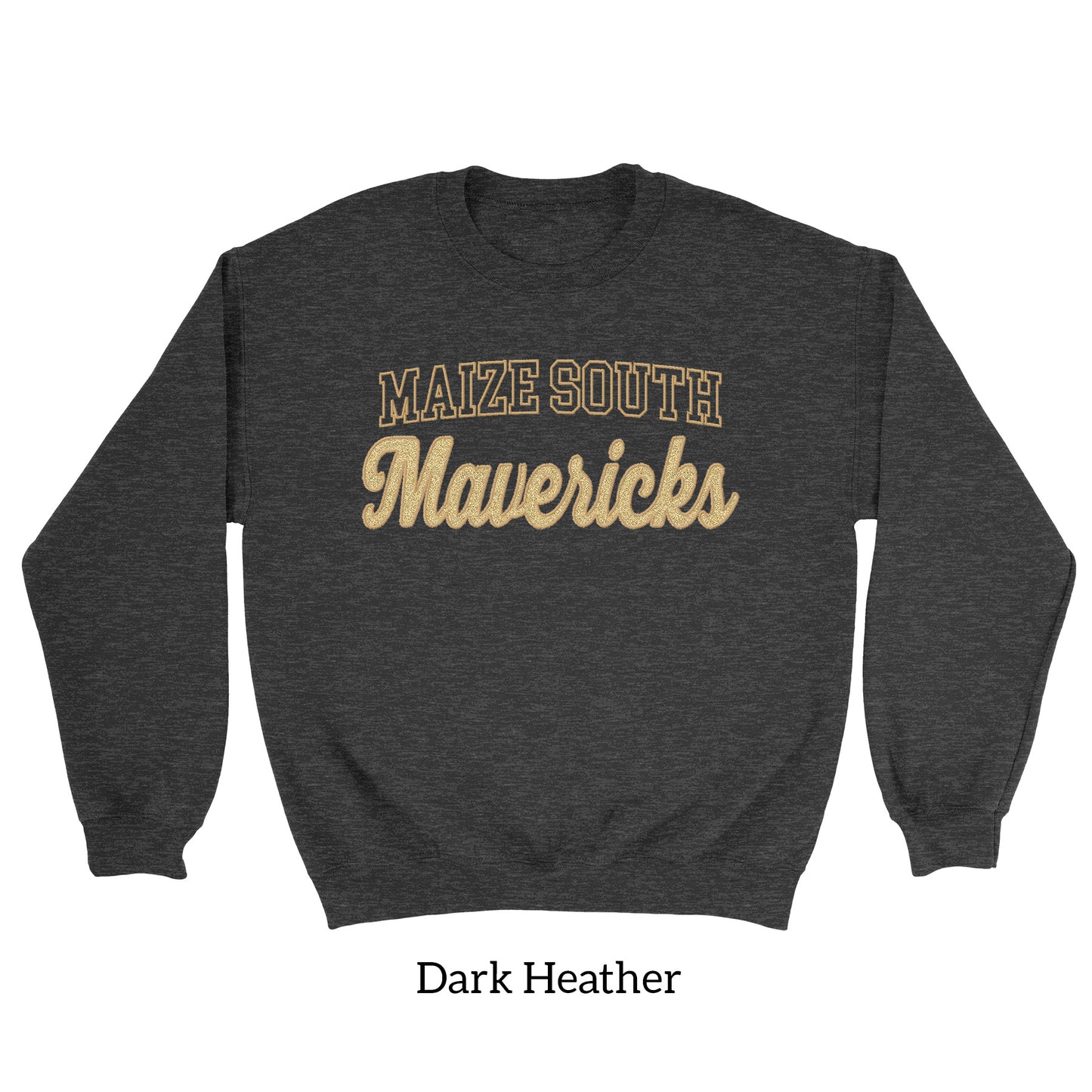 Mavs- Maize South Mavericks GLITTER Applique Embroidered Blend Crewneck and Garment Dyed Sweatshirt