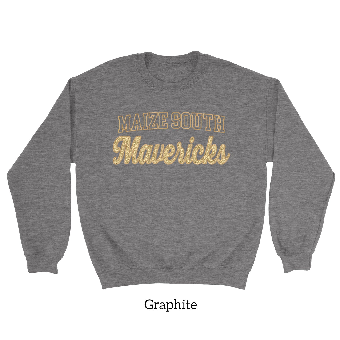 Mavs- Maize South Mavericks GLITTER Applique Embroidered Blend Crewneck and Garment Dyed Sweatshirt