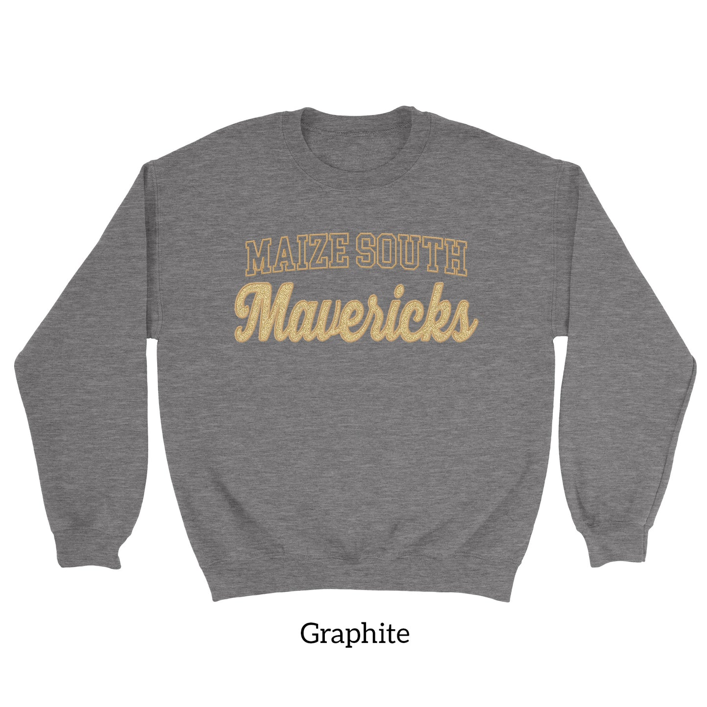 MSIS PTO-Maize South Mavericks GLITTER Applique Embroidered Blend Crewneck Sweatshirt (3 Color Options)