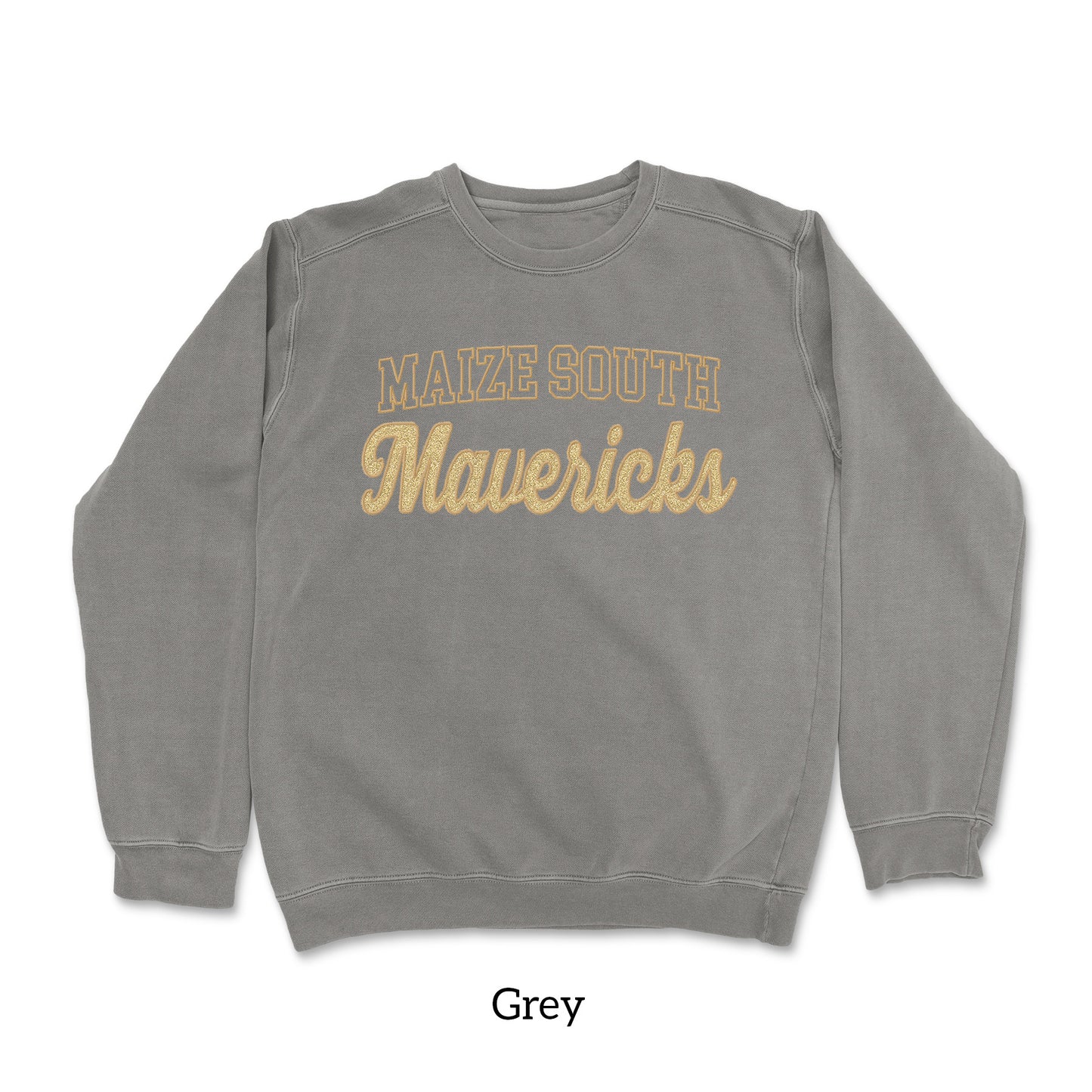 MSIS PTO-Maize South Mavericks GLITTER Applique Embroidered Garment Dyed Crewneck Sweatshirt (2 Color Options)