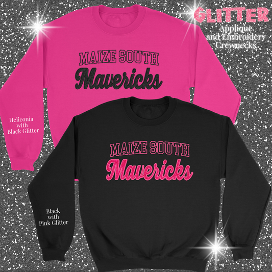 Mavs- Maize South Mavericks GLITTER Applique Embroidered Blend Crewneck Sweatshirt PINK Options