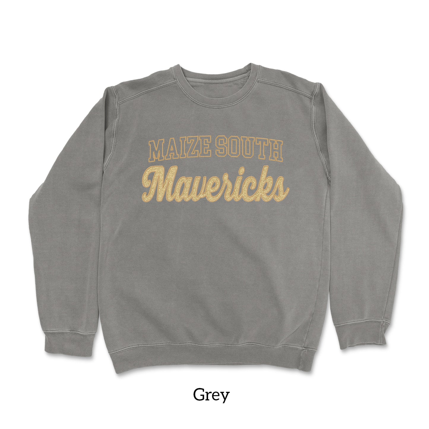 Mavs- Maize South Mavericks GLITTER Applique Embroidered Blend Crewneck and Garment Dyed Sweatshirt