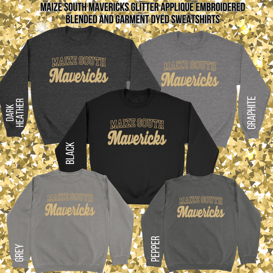 Mavs- Maize South Mavericks GLITTER Applique Embroidered Blend Crewneck and Garment Dyed Sweatshirt