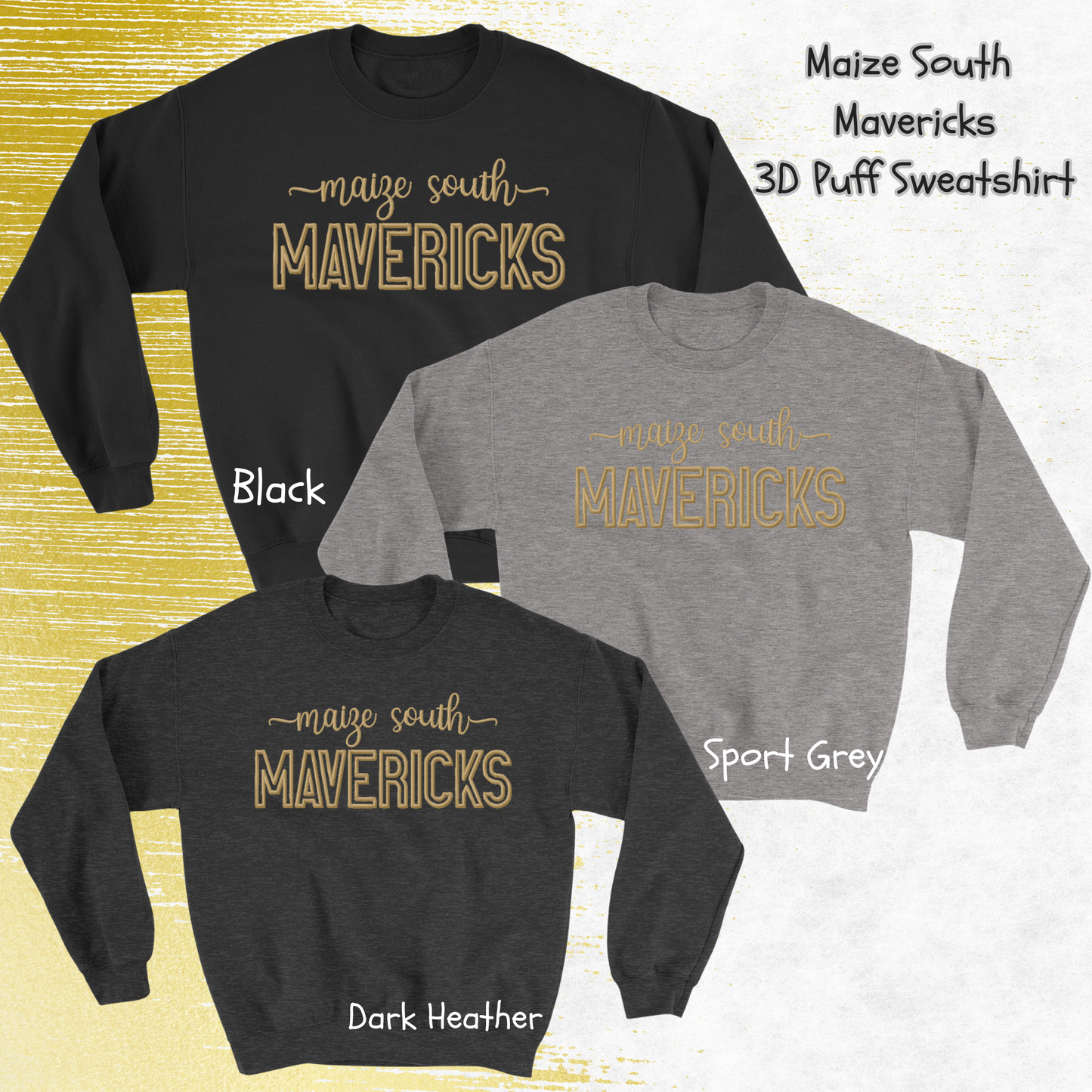 Mavs- Maize South Mavericks 3D Puff Blend Crewneck Sweatshirt for Youth and Adults