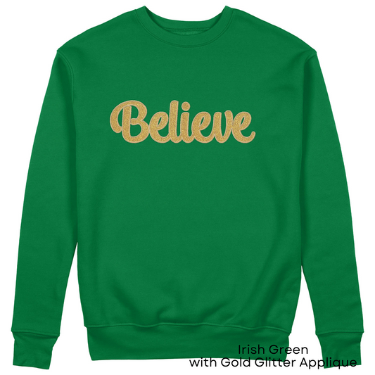 Believe and Peace GLITTER Applique Embroidered Blended Crewneck Sweatshirt