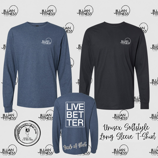 Jillian Fitness- Logo with Live Better Box on back Unisex Softstyle CVC Long Sleeve Tee