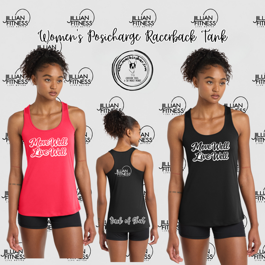 Jillian Fitness- Move Well Live Well with Logo on back Women's Posicharge Racerback Tank