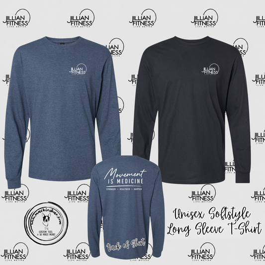 Jillian Fitness- Movement is Medicine with Logo on Left Chest Unisex Softstyle CVC Long Sleeve Tee