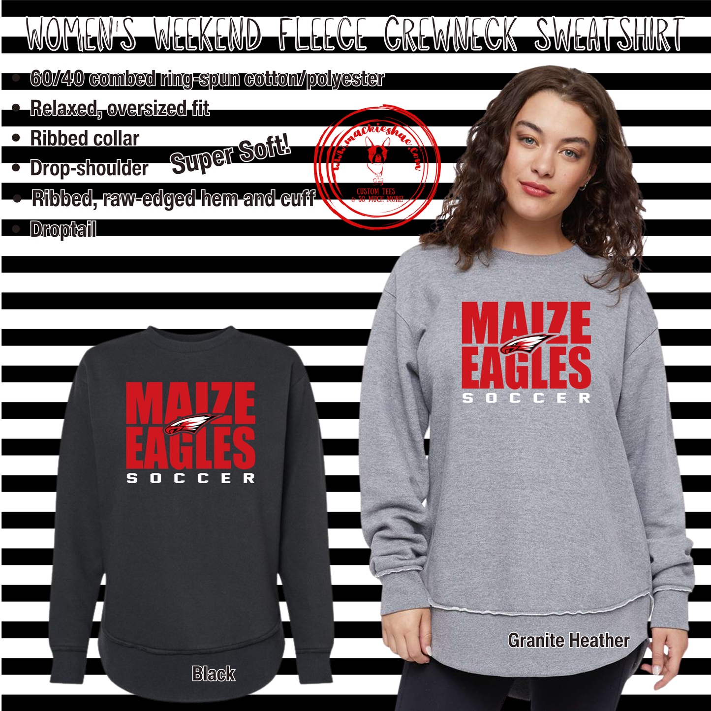 MHS Soccer- Maize Eagles Soccer with Power Eagle Women's Weekend Fleece Crewneck Sweatshirt