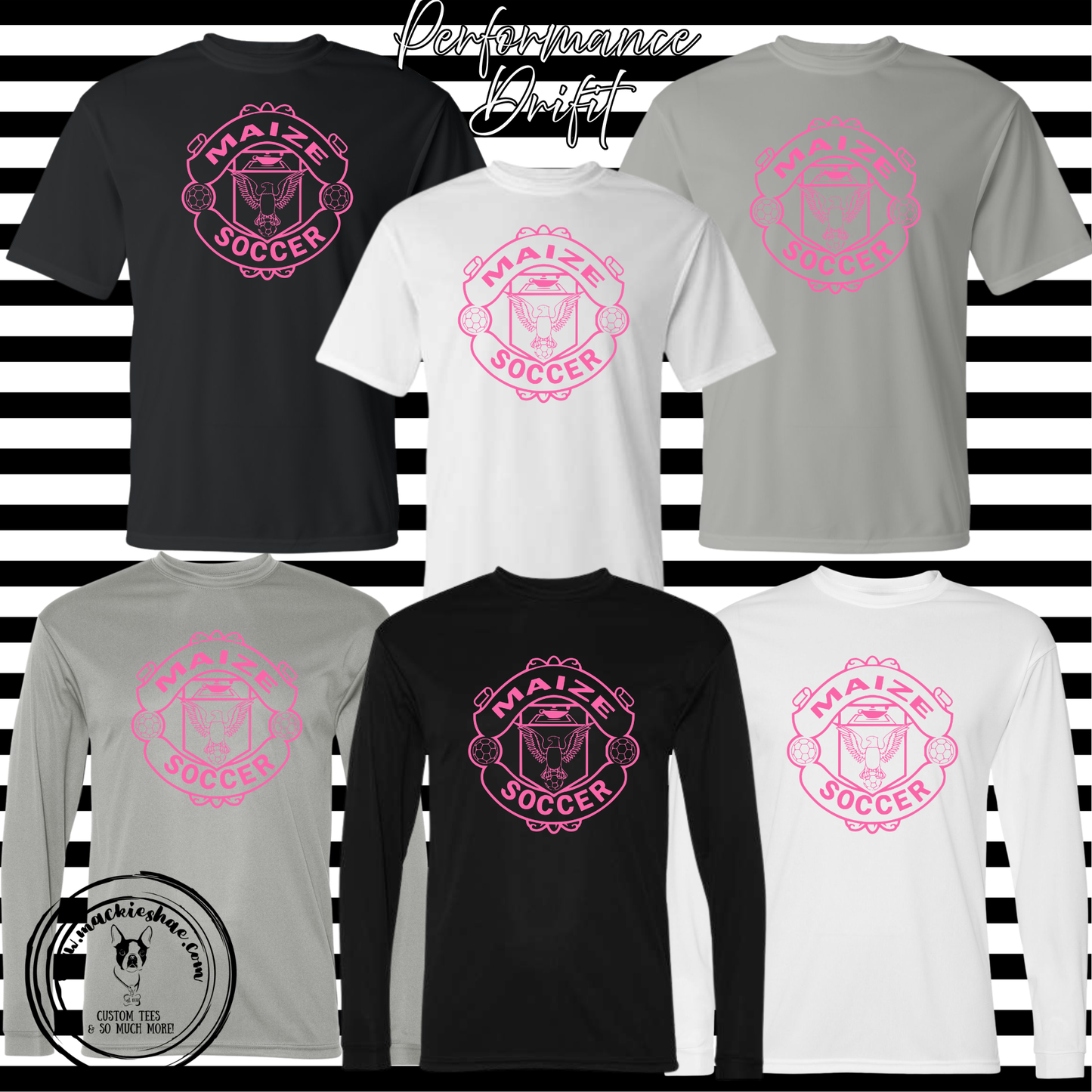 MHS Soccer- Maize Soccer Pink Crest Performance Drifit Short Sleeve and Long Sleeve Tees
