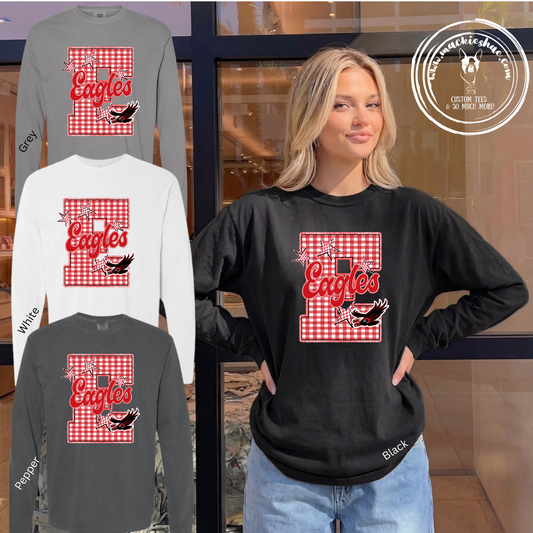 MIS- E Eagles Gingham with Flying Eagle Comfort Colors Garment-Dyed Long Sleeve Tee