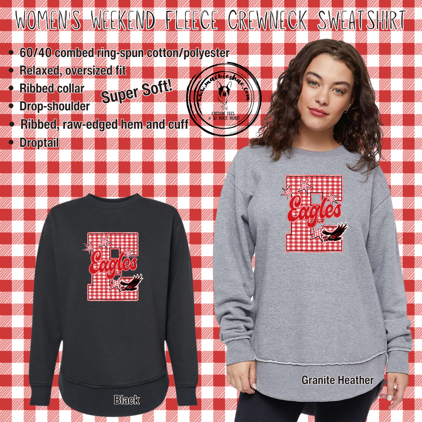 MIS- E Eagles Gingham with Flying Eagle Women's Weekend Fleece Crewneck Sweatshirt
