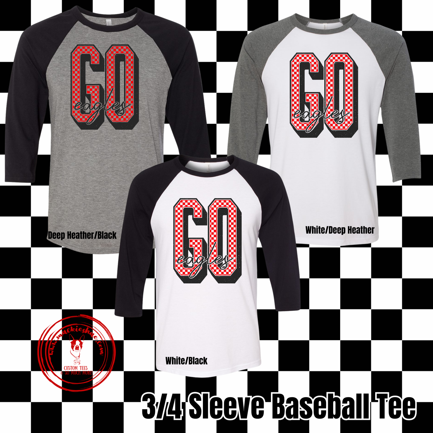 MIS- Go Eagles Checkered 3/4 Sleeve Baseball Tee
