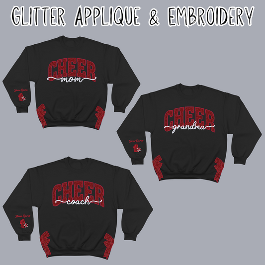 MJC-Cheer Personalized RED Glitter Applique and Embroidered Crewneck Sweatshirt