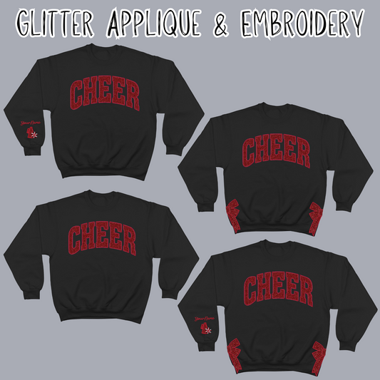 Cheer Personalized Red Glitter Applique and Embroidered Crewneck Sweatshirt (with no title across Cheer)