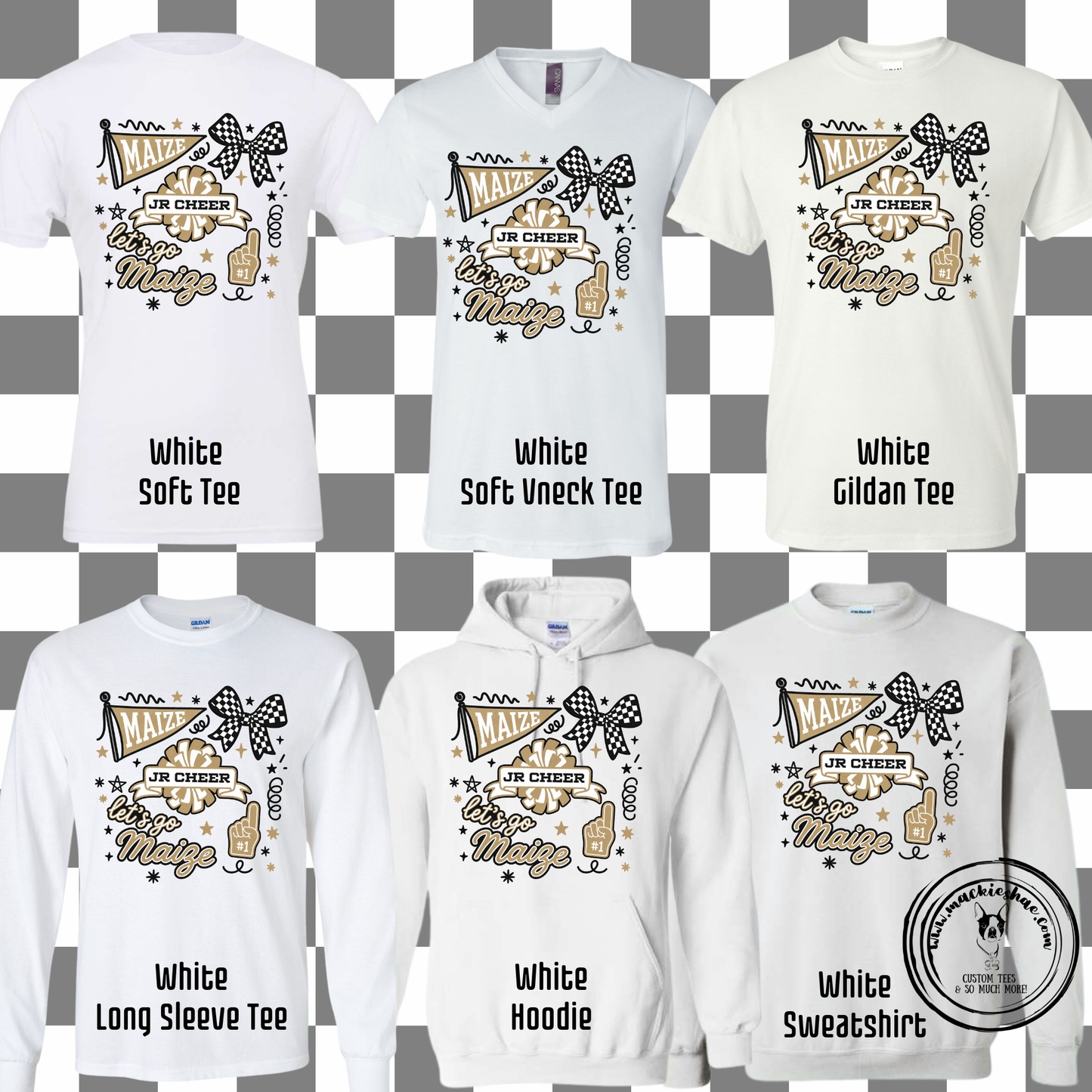 MJC- Maize Jr Cheer Doodle with Gold, White Gear