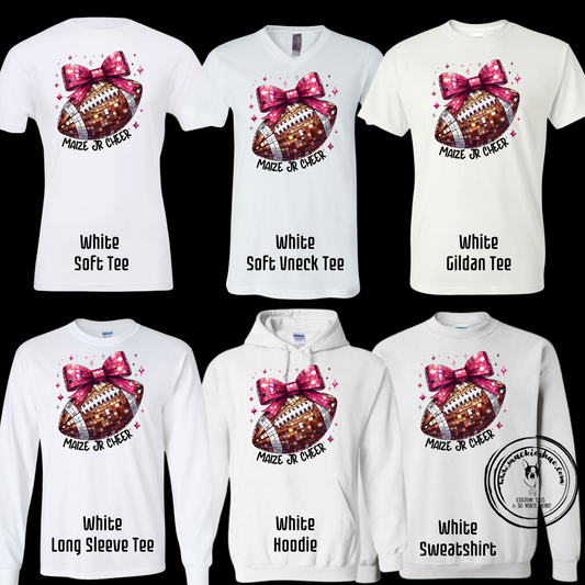 MJC- Maize Jr Cheer Stone Football with Pink Bow White Gear