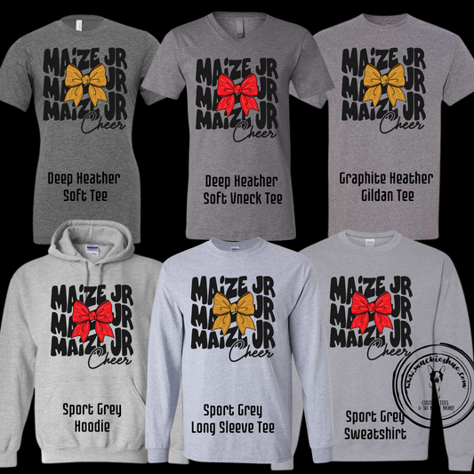 MJC-  Maize Jr Cheer Repeat with Gold or Red Bow Grey Gear
