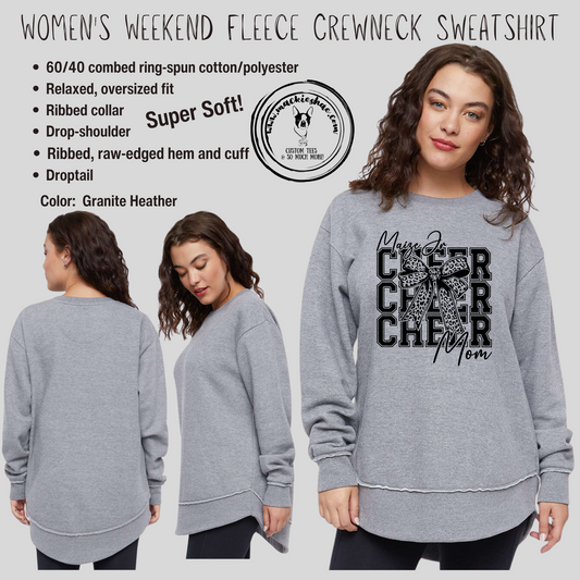 MJC- Maize Jr Cheer Mom Leopard Bow Granite Heather Women's Weekend Fleece Crewneck Sweatshirt