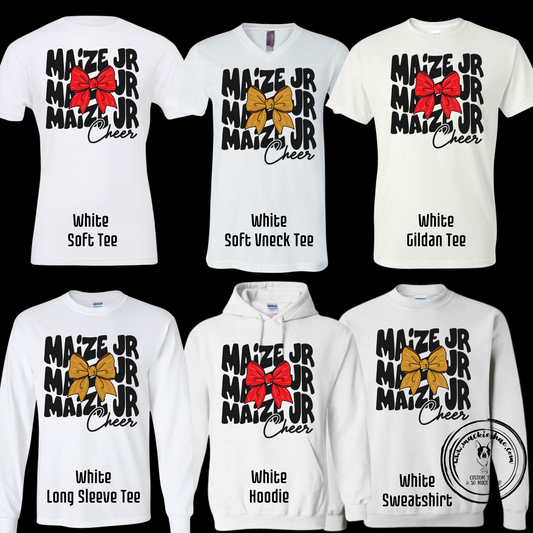 MJC- Maize Jr Cheer Repeat with Gold or Red Bow White Gear