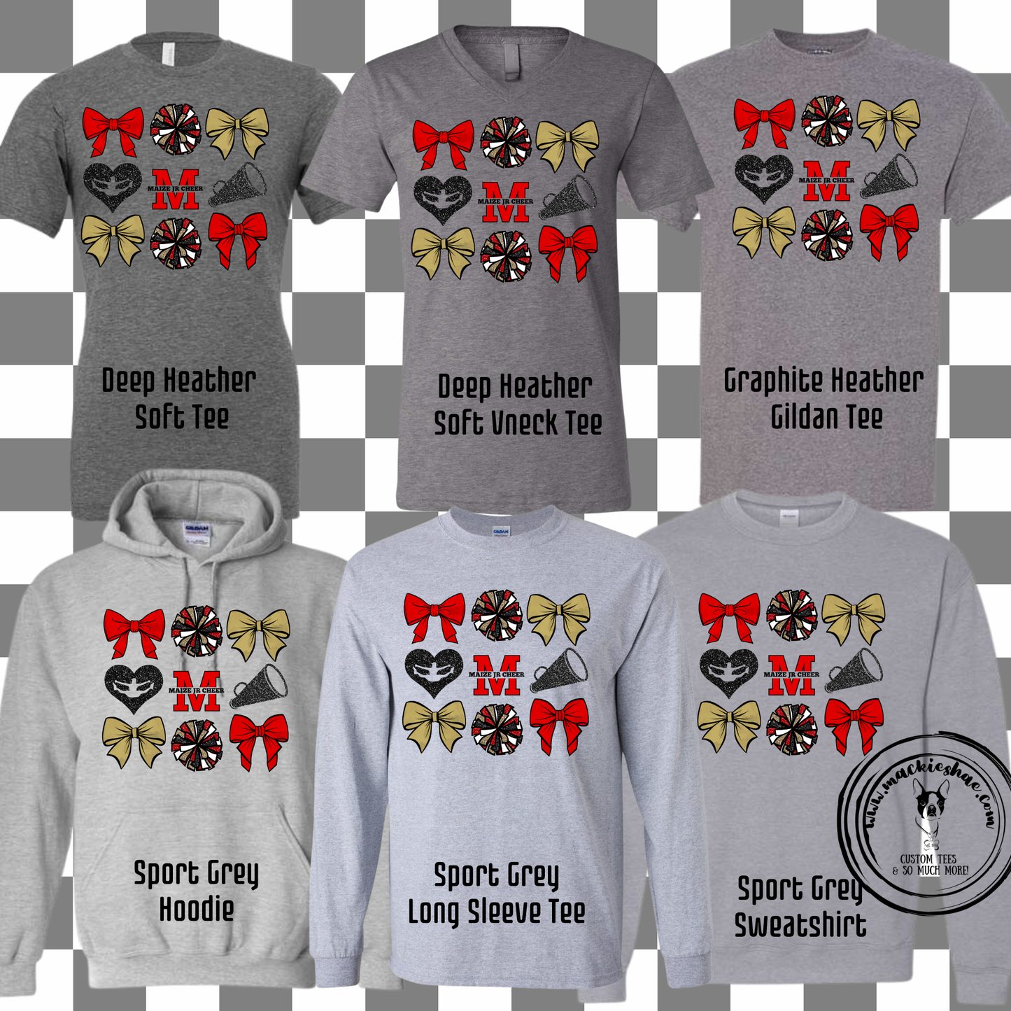 MJC-  Maize Jr Cheer Bows, Poms, Megaphones Grey Gear