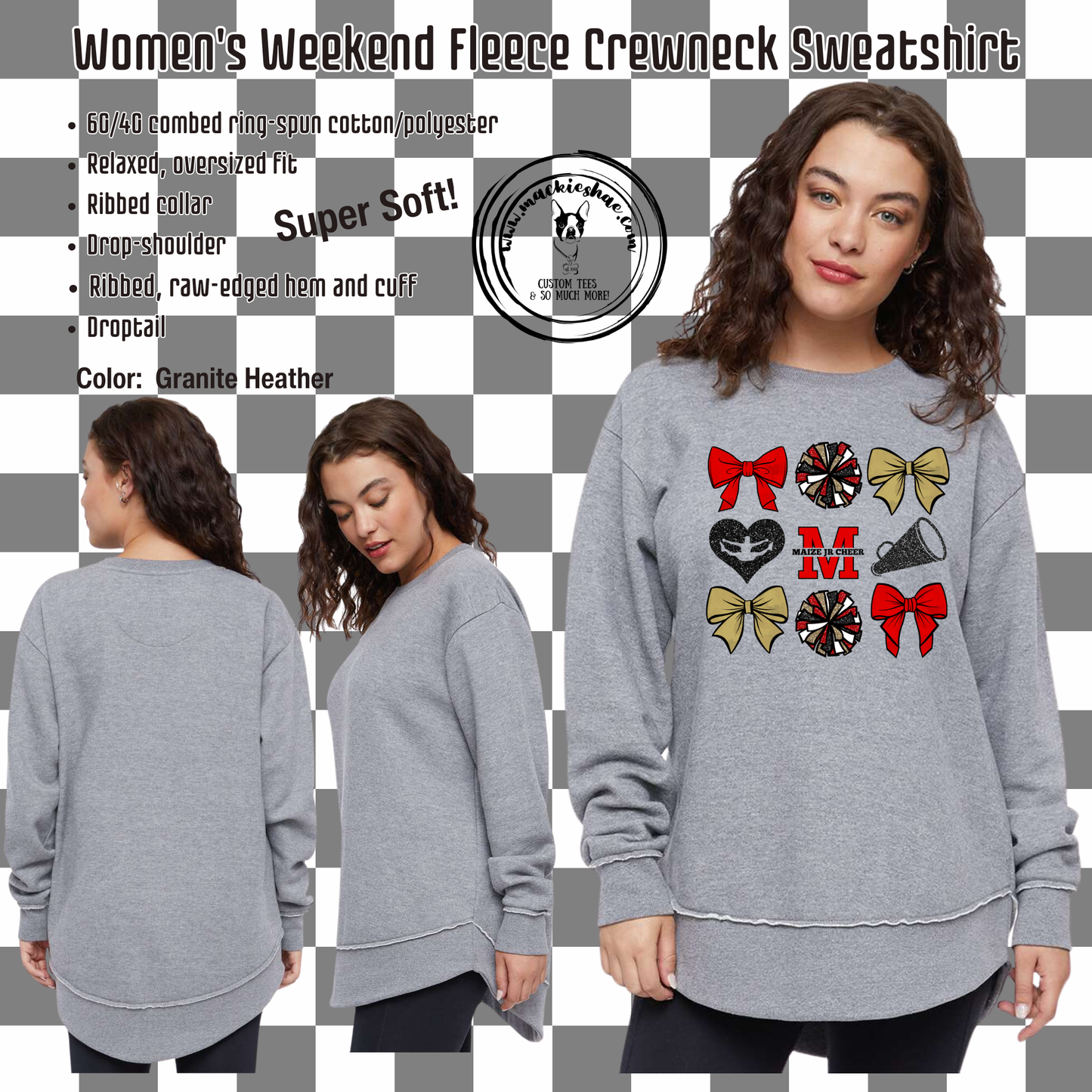 MJC- Maize Jr Cheer Bows, Poms, Megaphones Granite Heather Women's Weekend Fleece Crewneck Sweatshirt