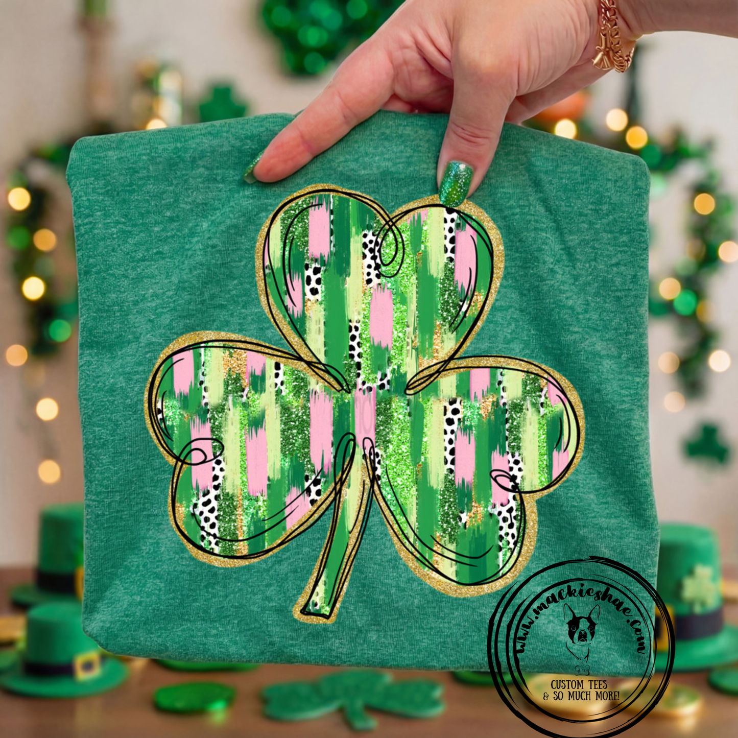 Brushstroke Shamrock Custom Shirt, Heather Grass Green Soft Short Sleeve Shirt