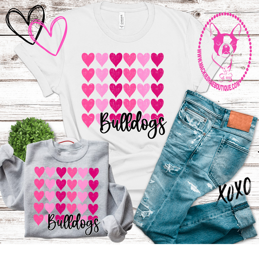 Shades of Pink Hearts BULLDOGS Custom Shirt for Kids and Adults, Soft Tees and Crewneck Sweatshirts