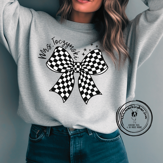 Checkered Bow Personalized Custom Shirt, Crewneck Sweatshirt