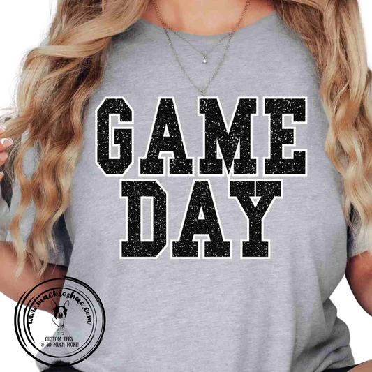 Game Day Black and White Faux Glitter Custom Shirt for Kids and Adults, Soft Short Sleeve