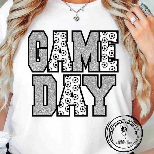 Soccer Game Day Silver Faux Glitter Custom Shirt for Kids and Adults, Soft Short Sleeve