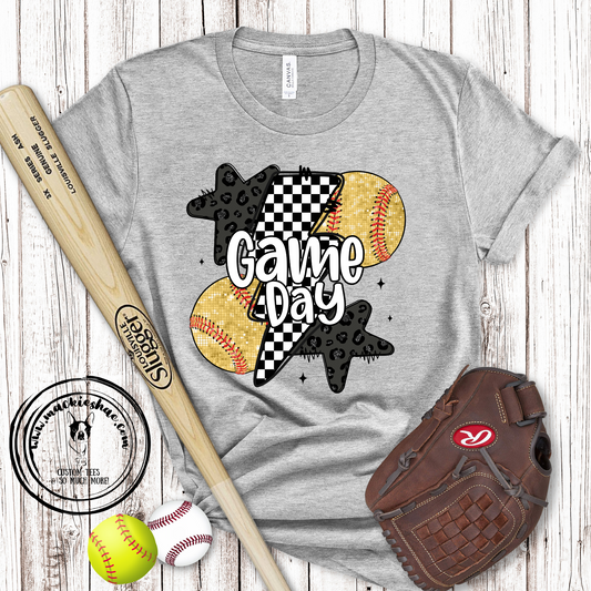 Softball or Baseball Game Day Faux Sequin Leopard Custom Shirt for Adults, Soft Short Sleeve