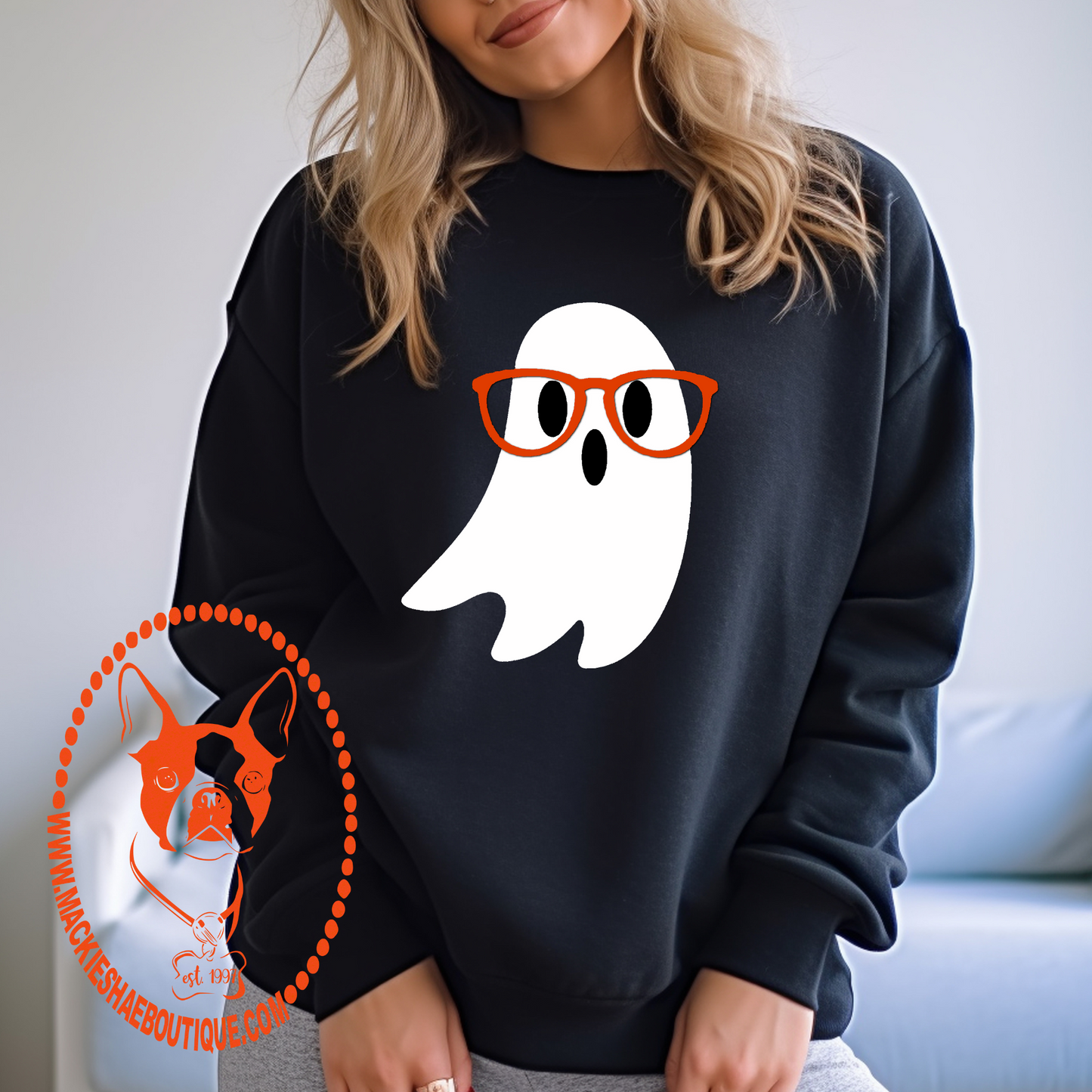 Ghost with Glasses Custom Shirt for Kids and Adults, Black Crewneck Sweatshirt