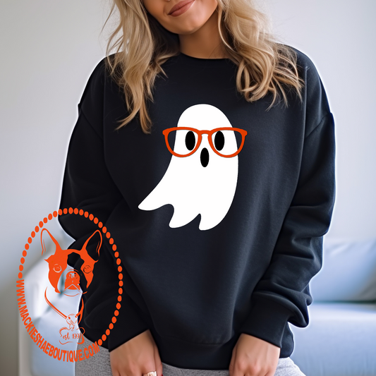 Ghost with Glasses Custom Shirt for Kids and Adults, Black Crewneck Sweatshirt
