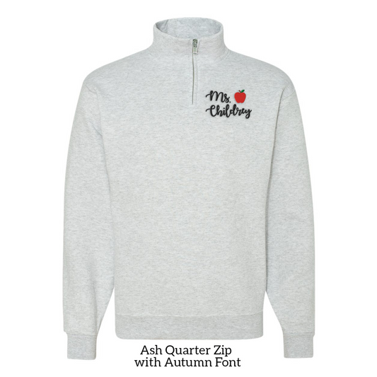 Personalized Apple Teacher Embroidered 1/4 Zip Pullover