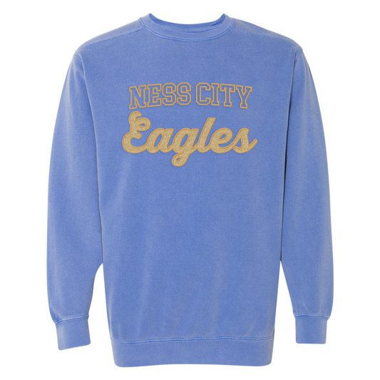 Ness City Eagles GLITTER Applique Embroidered Garment Dyed Crewneck Sweatshirt