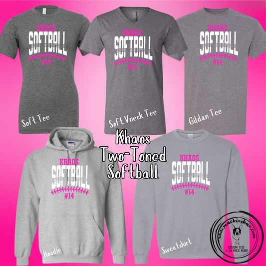 Khaos- Khaos Softball Two Tone Grey Gear for Youth and Adults (5 Shirt Options) Get it personalized with player's number!