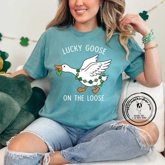 Lucky Goose on the Loose Shamrock Custom Shirt, Comfort Color Emerald Short Sleeve