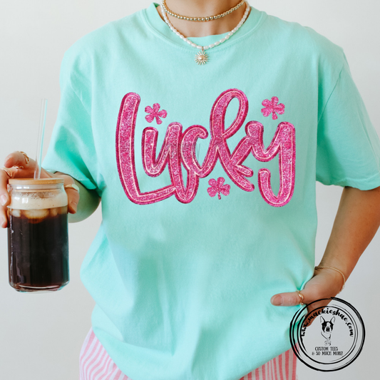 Lucky Pink Faux Patch Custom Shirt, Comfort Color Chalky Mint Short Sleeve