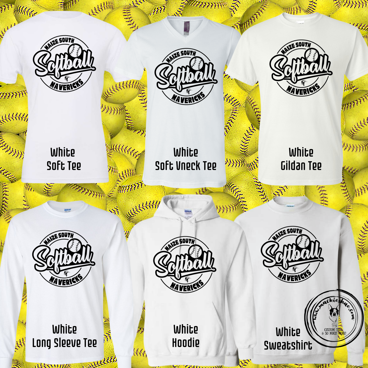 Maize South Mavericks Softball Circle Custom Shirt for Youth and Adults, White Gear