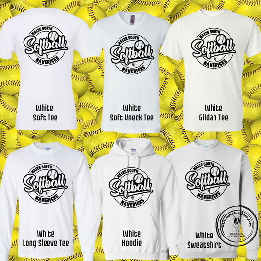 Maize South Mavericks Softball Circle Custom Shirt for Youth and Adults, White Gear