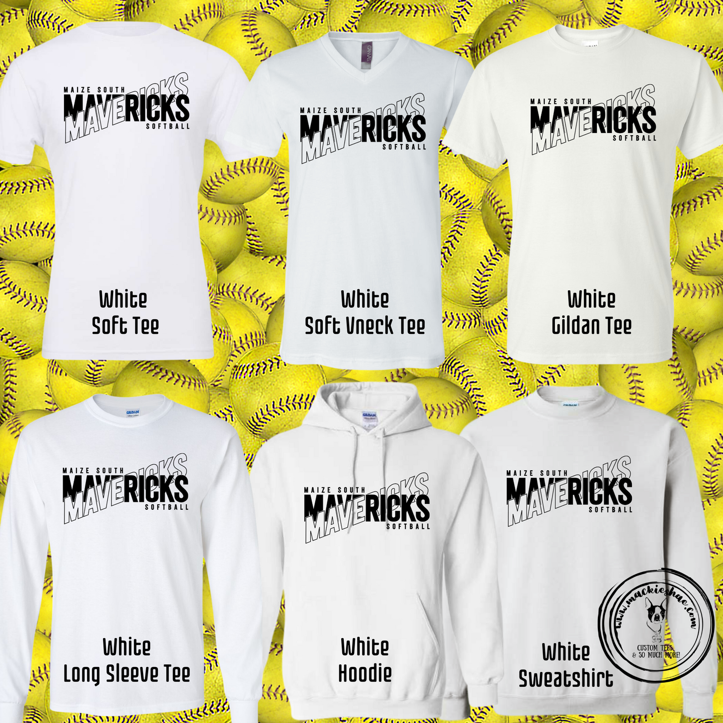 Maize South Mavericks Softball Crossed Custom Shirt for Youth and Adults,  White Gear