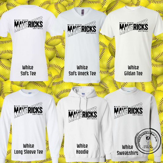 Maize South Mavericks Softball Crossed Custom Shirt for Youth and Adults,  White Gear