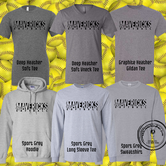 Mavericks Softball Custom Shirt for Youth and Adults, Grey Gear