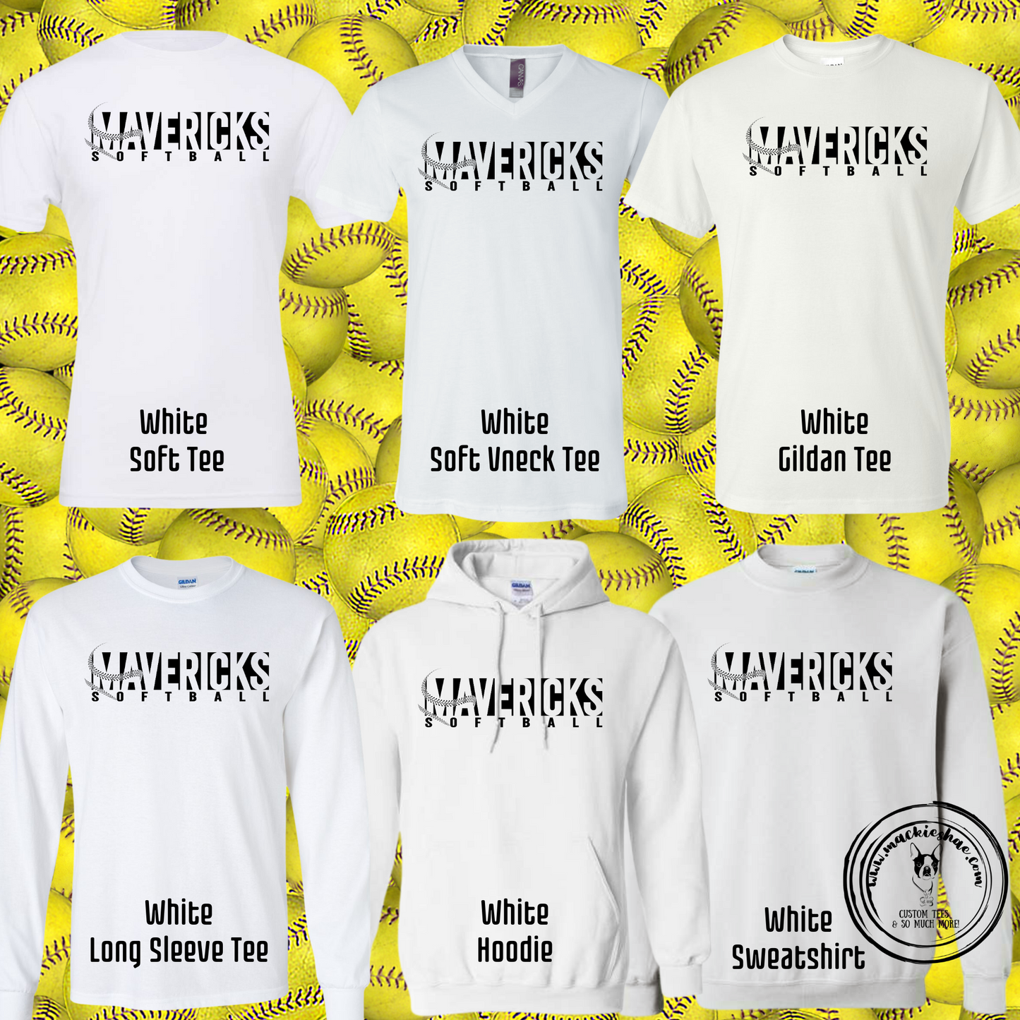 Mavericks Softball Custom Shirt for Youth and Adults, White Gear