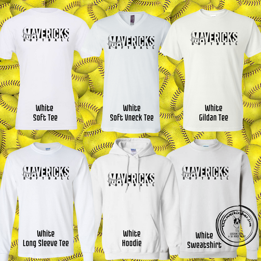 Mavericks Softball Custom Shirt for Youth and Adults, White Gear