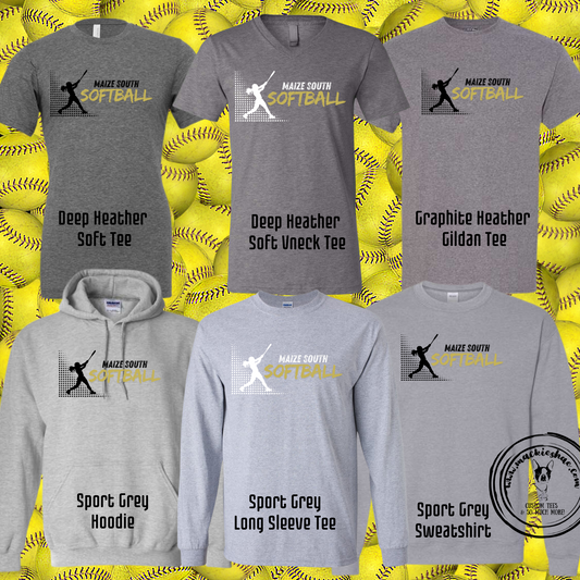 Maize South Softball with Player Custom Shirt for Youth and Adults, Grey Gear
