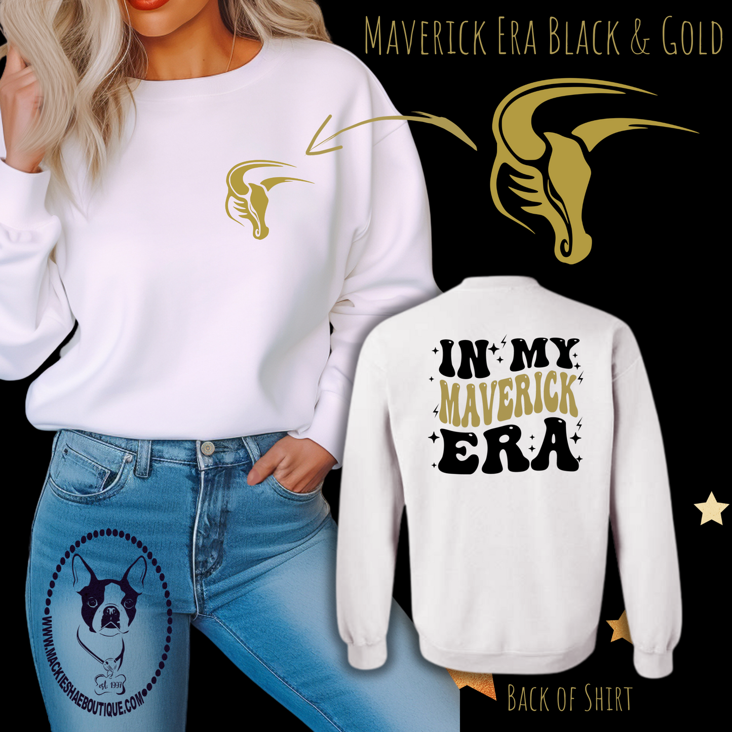 Mavs- In My Maverick Era Black & Gold Mav Design White Sweatshirt for Youth and Adult